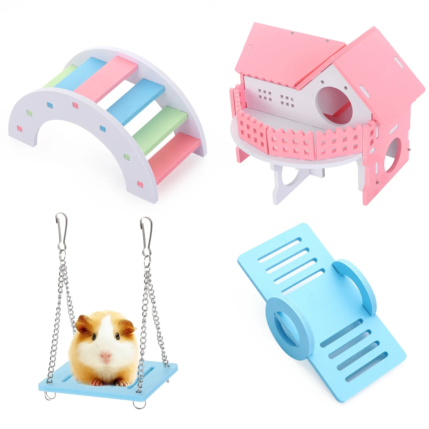 Hamster Toys Wooden Rainbow Bridge Seesaw Swing Toys Small Animal Activity Climb Toy DIY Hamster Cage Accessories