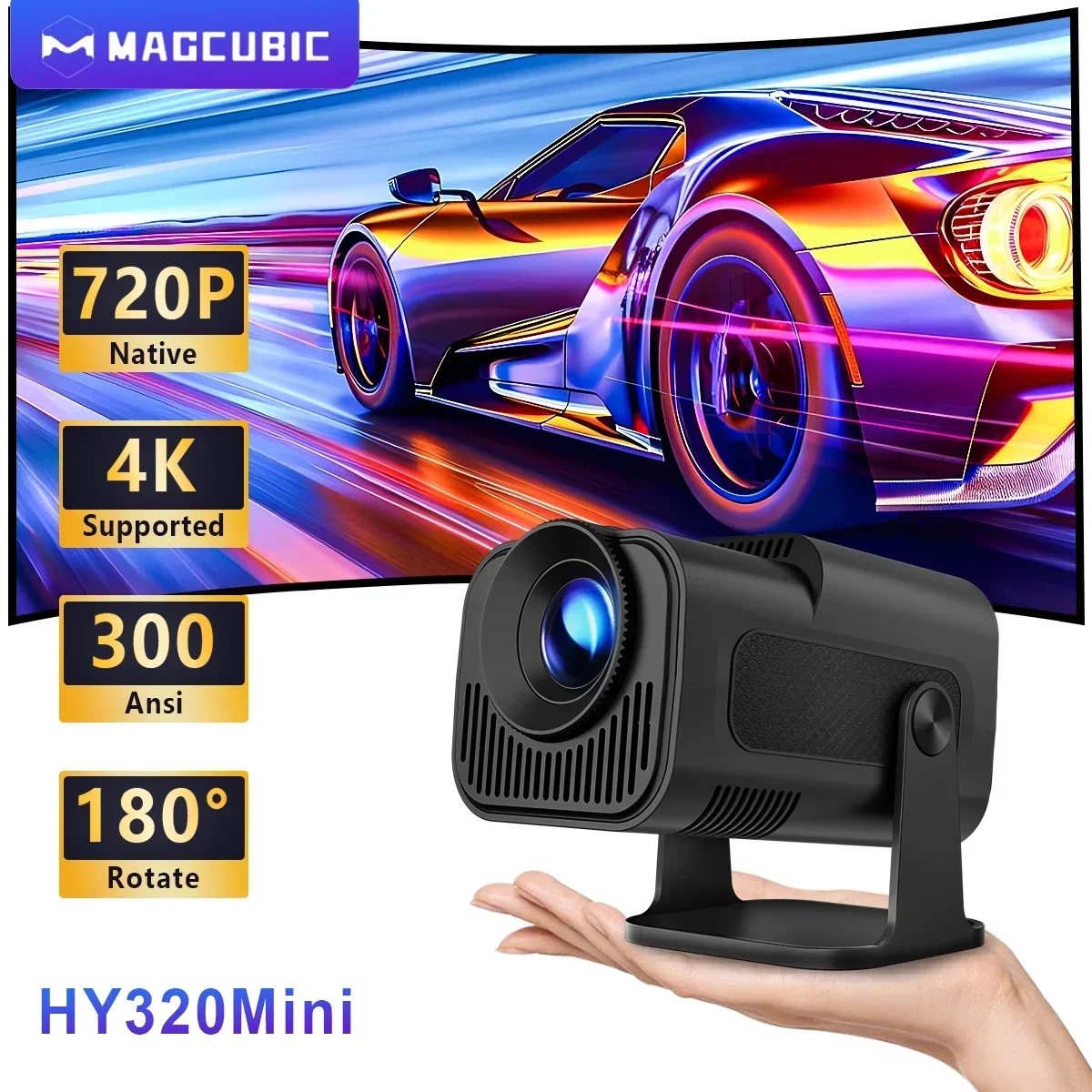 Magcubic HY320 Pro Newly Native 720P Android 11 4K Projector 300ANSI Wifi6 BT5.0 Cinema Outdoor Portable 180° Rotable Projector