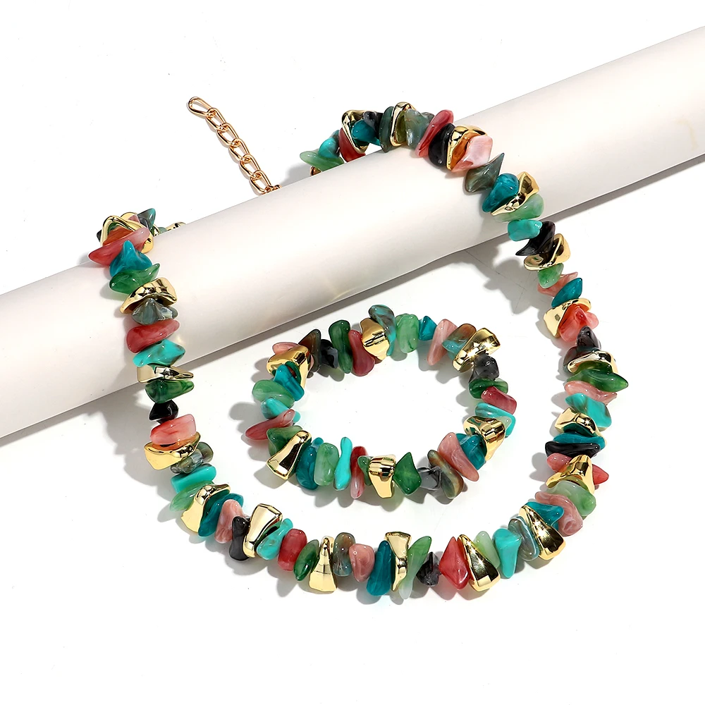 Boho Colorful Acrylic Irregular Stone Beads Necklace Bracelets Set