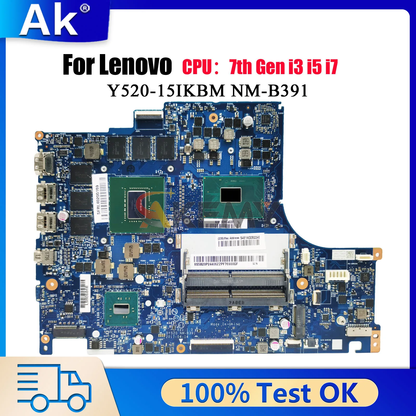 

NM-B391 для Lenovo Legion Y520-15IKBM с процессором i5 i7 GTX1060 3G/6G GPU, материнская плата для ноутбука, 100% протестировано, ОК