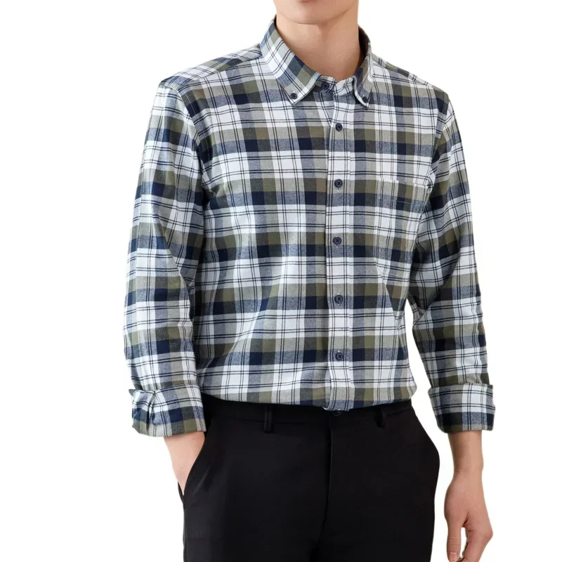 

New autumn cotton sanded plaid long-sleeved shirts, men's cotton casual business shirts, and young people's trendy work clothes