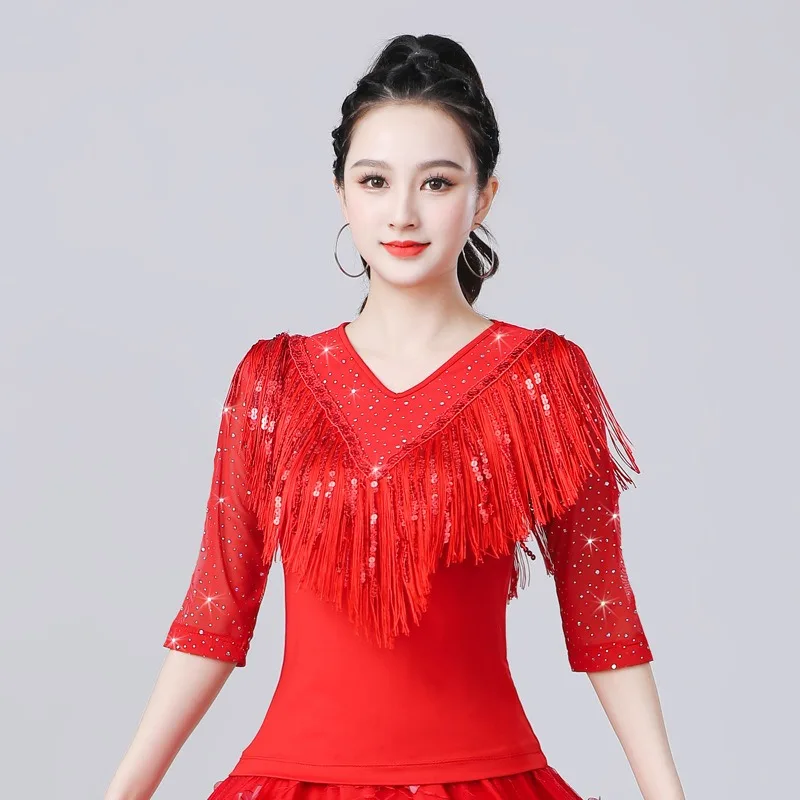 تخصيص منتصف كم الرقص الأعلى أزياء الإناث ليانغ فيلم الرقص اللاتينية أداء زي عرض الملابس النساء