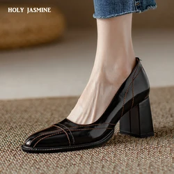 Size 34-43 New 2023 Patent Genuine Leather Shoes Round Toe Thick High Heels Ladies Party Wedding Shoes Women Pumps Heels Women