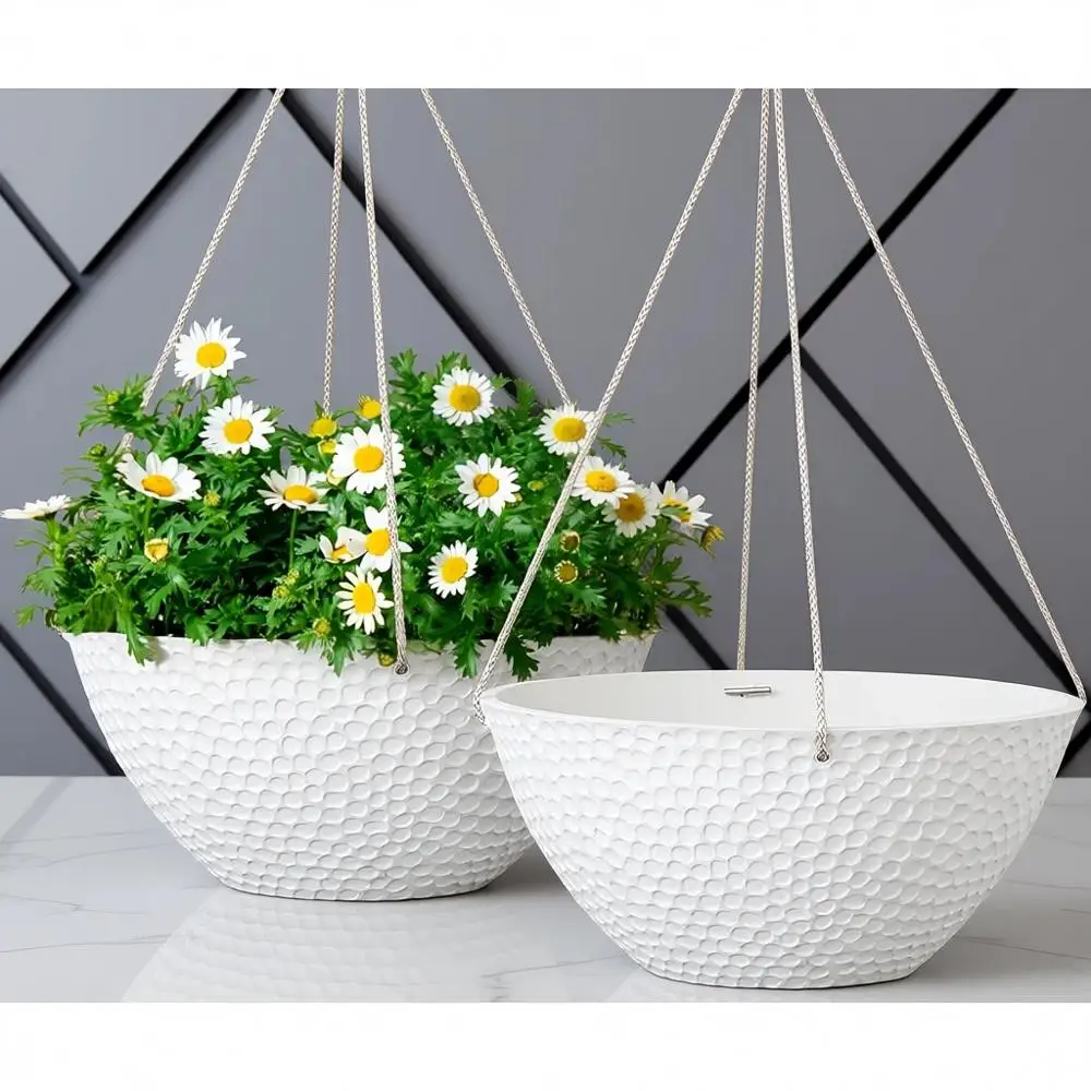 

Large White Stone-Look Hanging Planters with Drainage, Set of 2, 13.2 Inch