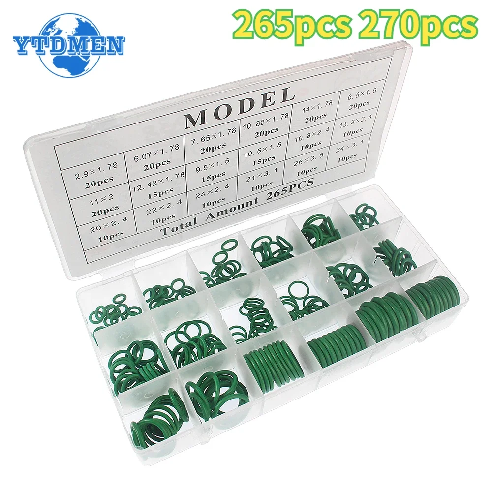 265 sztuk/270 sztuk zestaw naprawczy o-ringów 18 rodzajów trwałych zielonych gumowych pierścieni uszczelniających, do kompresora klimatyzacji samochodowej kompletny