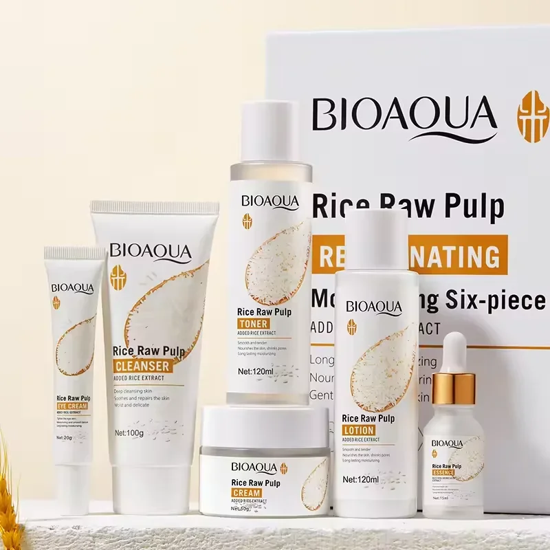 

Bioaoua 6pcs Rice Protoplasm Grape Skincare Set Face Serum Cream Hydrating Moisturizing Cleanser Toner Anti Age Face Care Set