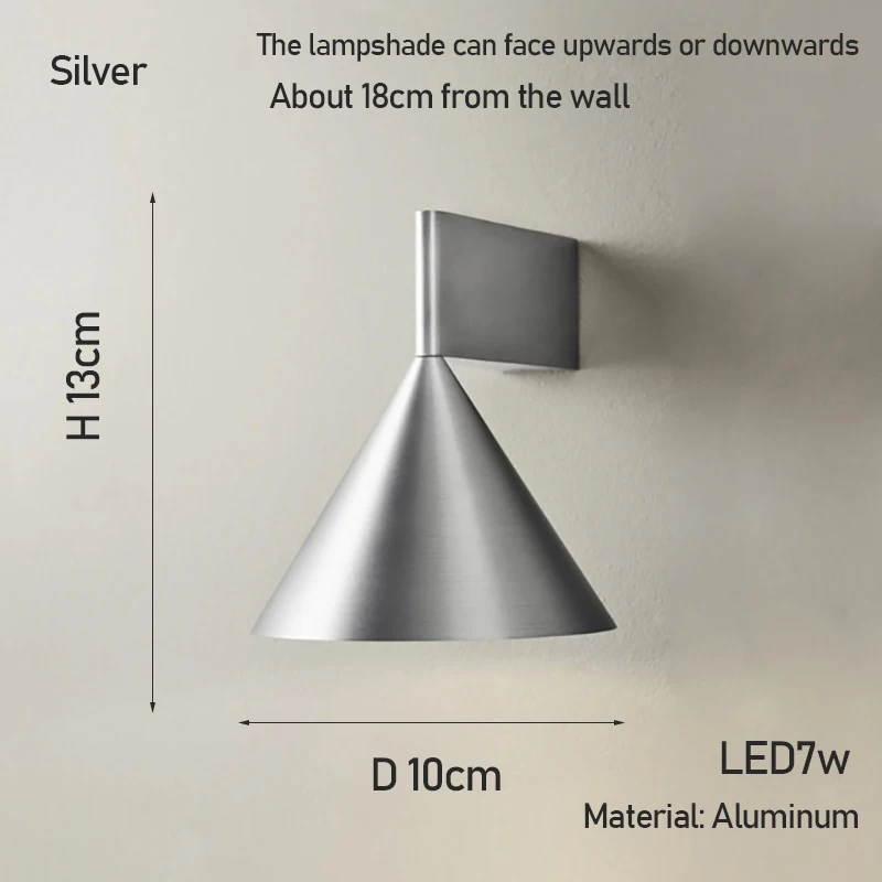 Aluminium geborstelde conische geometrische wandlamp voor eenvoudige verlichting in de slaapkamer, nachtkastje, eetkamer, woonkamer en gang