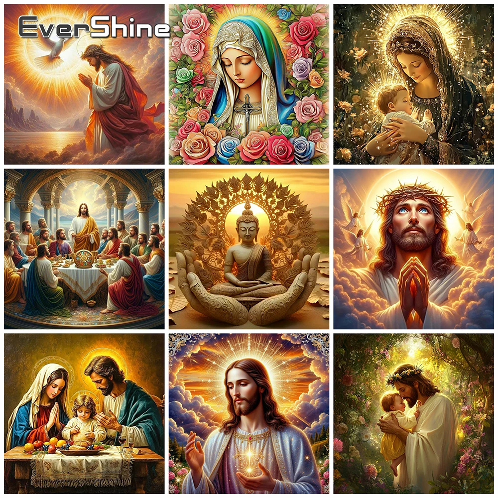 EverShine Bordado de Diamante Religioso Jesus, Pintura Completa Quadrada/Redonda, Imagem da Virgem Maria com Strass, Mosaico DIY para Decoração de Casa