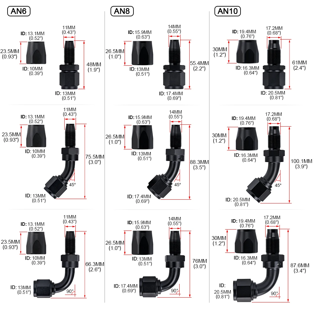 Universal AN4 AN6 AN8 AN10 AN12 AN16 Straight 45 90 120 180 Degree Oil Fuel Swivel Hose End Fitting Oil Hose End Adaptor Kit