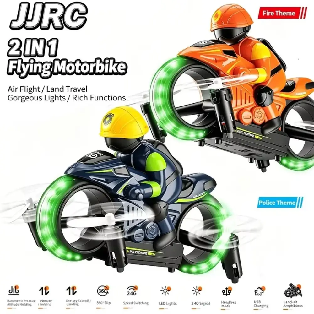 2.4G Remote Control RC Flying Motorcycle Gyroscope Stabilization Night LED Lights 2 in 1 RC Flying Motorcycle 360° Flip