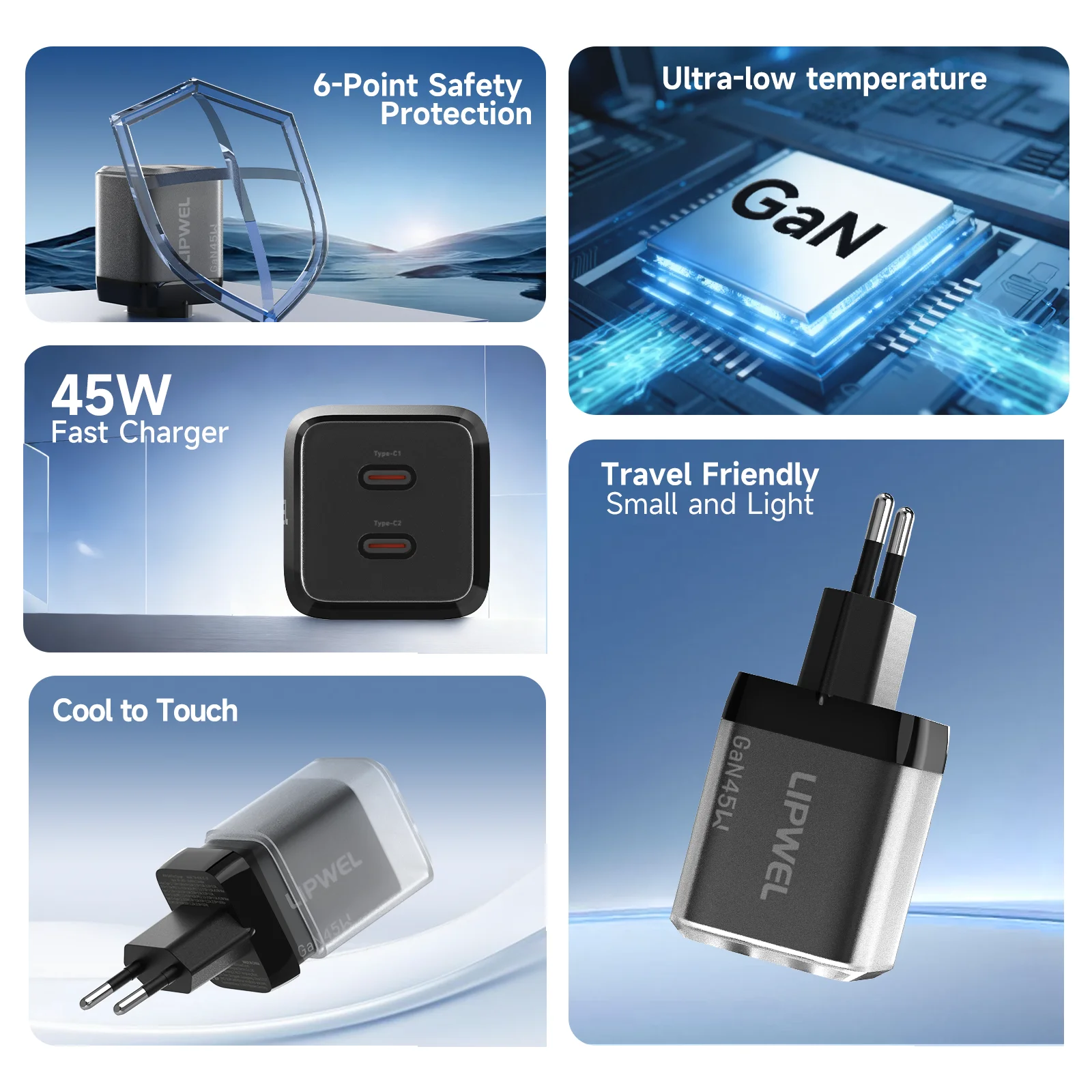 EU Plug LIPWEL  GaN 45W Dual USB-C Fast Charger Compact Multi-Protection Safe Charging Adapter Compact Travel Charger For IPhone