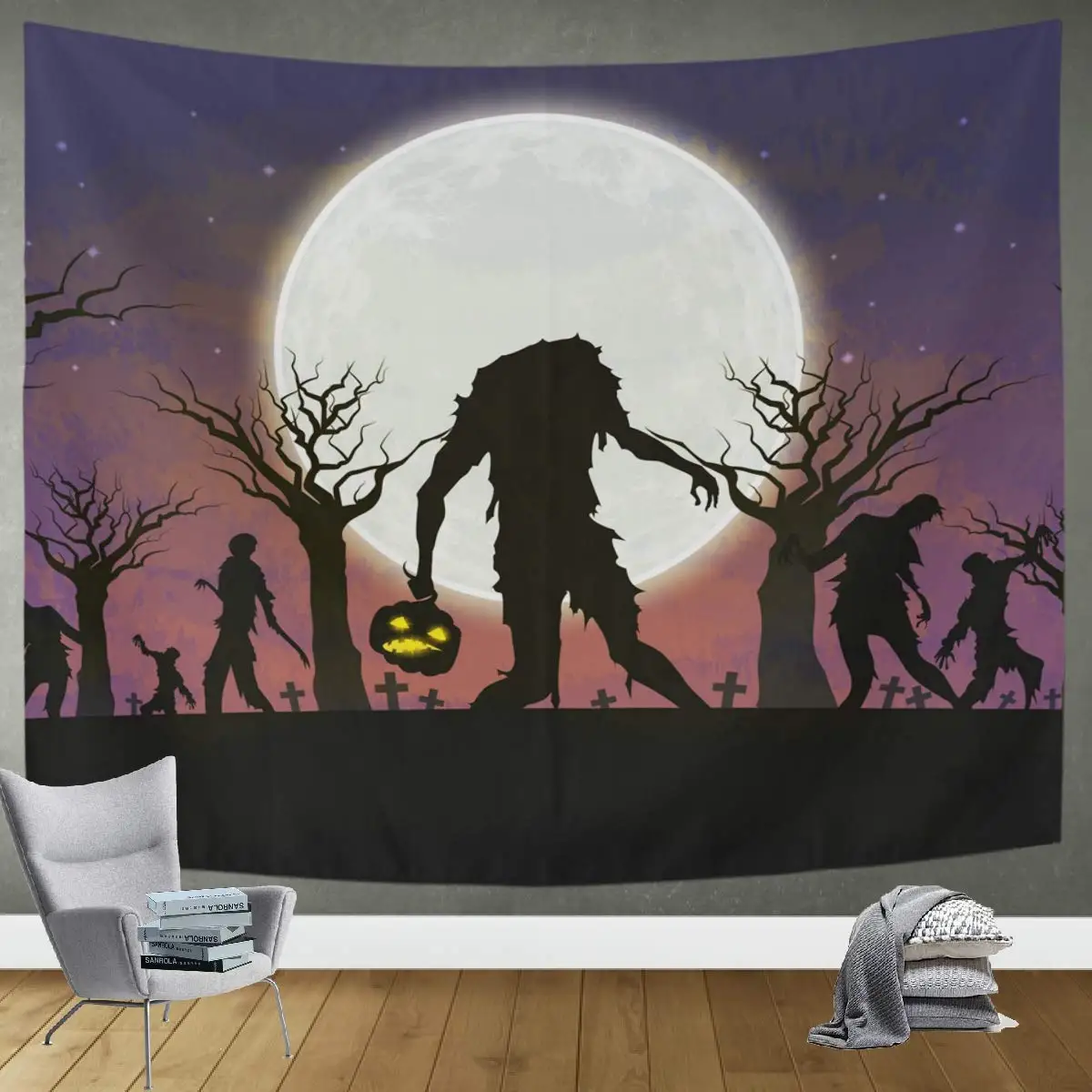 Zombie Tapestry Behind Wooden Doors Halloween  Fear Wall Hanging Bedroom Living Room Dormitory Home Decor 