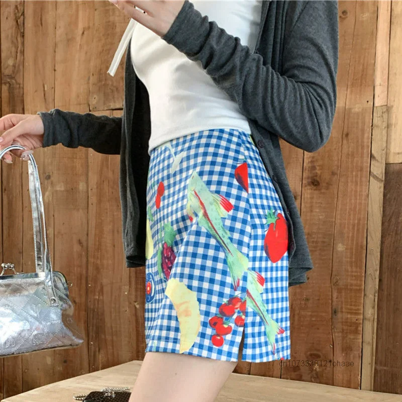 Falda corta a cuadros para mujer, media falda azul con estampado de frutas, estilo americano, Y2k