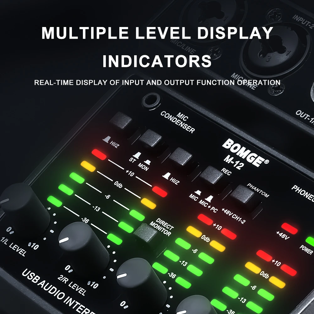 BOMGE M-12 واجهة صوت بقناتين للكمبيوتر الشخصي، بطاقة صوت USB لاستوديو التسجيل، توصيل وتشغيل الكمون المنخفض للغاية
