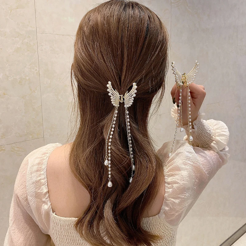 New Butterfly Pearl Tassel Hairpin Korean Simple Side Clip Liu Haibian Clip Shark Hairpin Hair Accessories Women