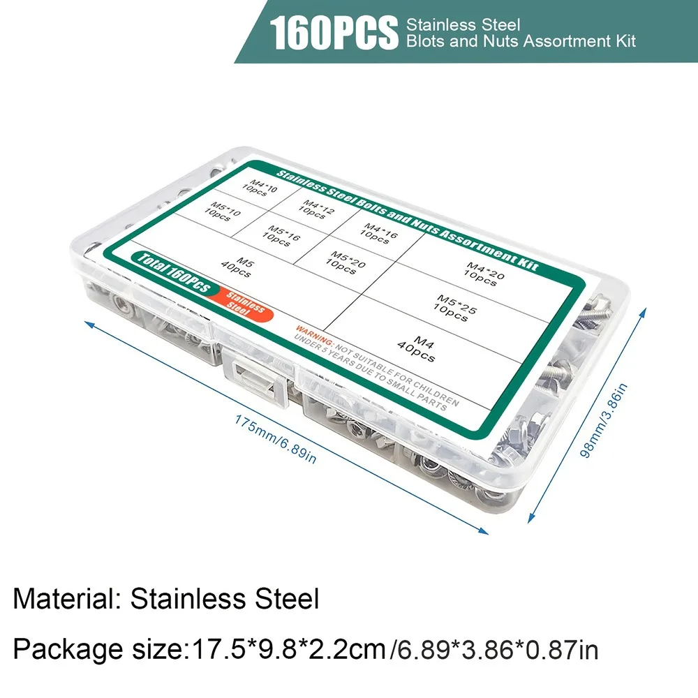 160-Piece Stainless Steel Hexagonal Flange Bolt and Nut Set, M4/M5, Suitable for Home Repairs and Industrial Equipment.