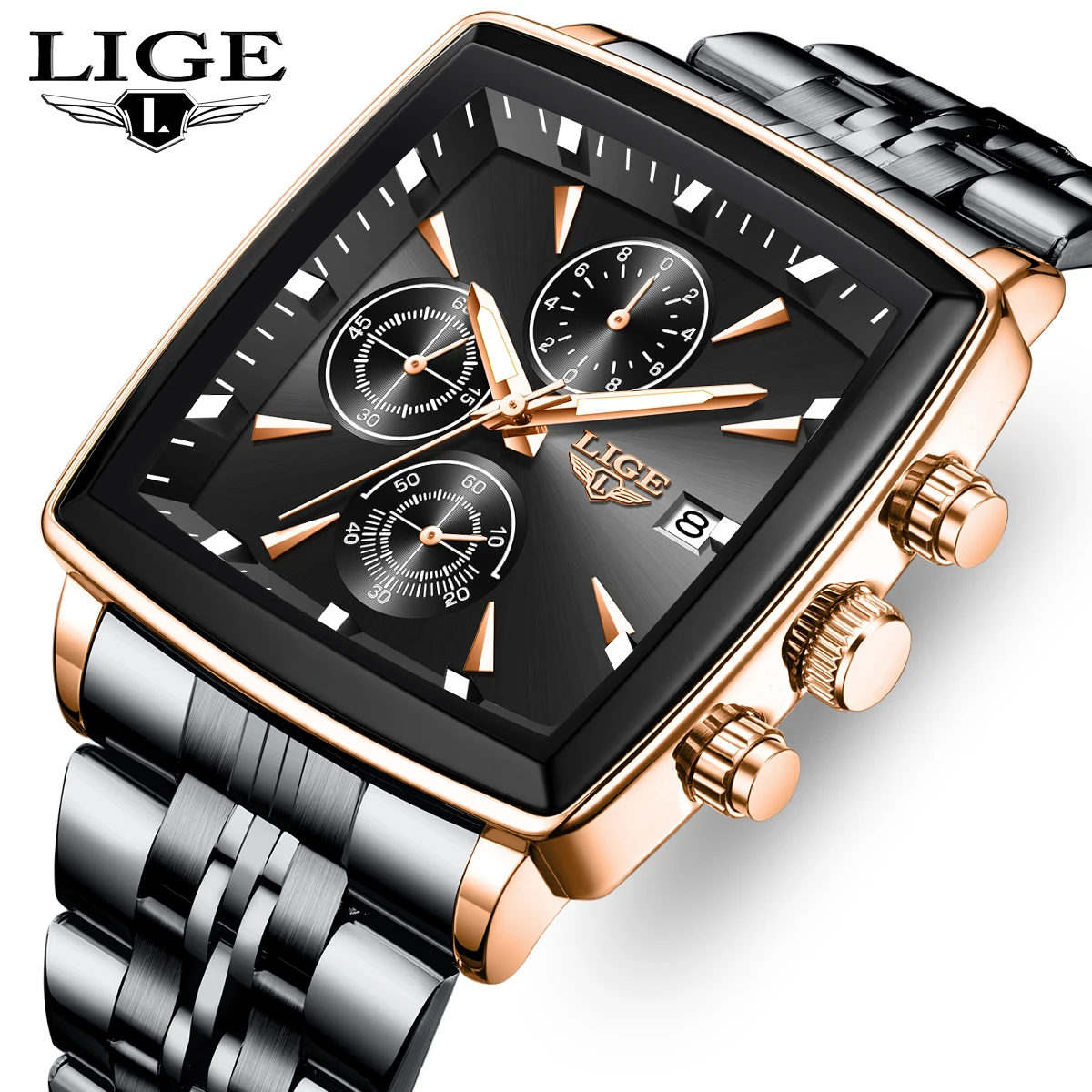 

LIGE 2026 TOP Men's Watch Business Square Military Waterproof Sports clock Men's Calendar quartz wristwatch reloj hommes+BOX