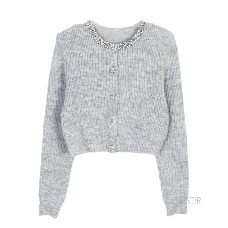 White Cardigan Crop Top with Diamond Jewelry Neckline 2024 Autumn Winter Knitted Cardigan Gray Sweater Tops Sueters De Mujer