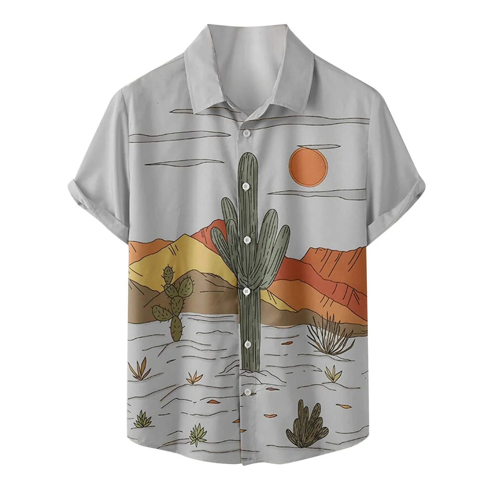 2023 Summer Hawaiian Shirt Designer Men Cactus Desert Landscape Print Shirts Tropical Plant Short Sleeve Blouse Vintage Camisas