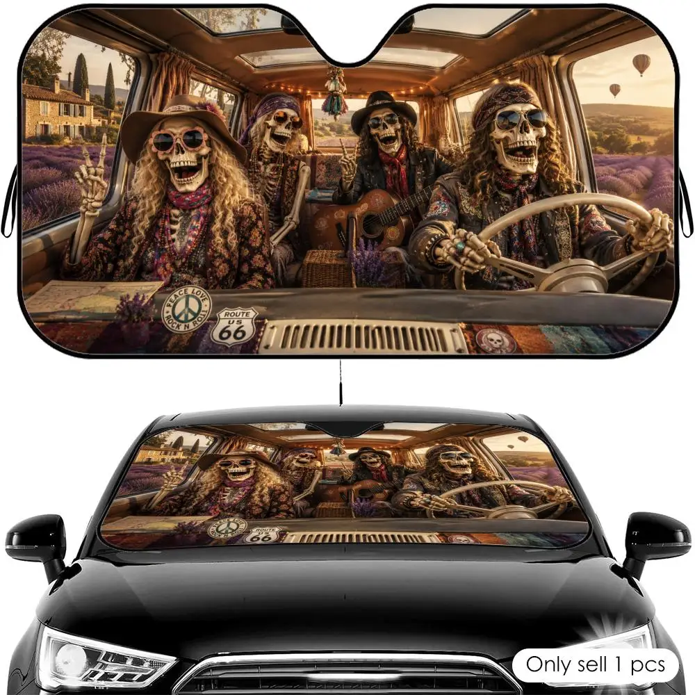 Funny Rockstar Skull Driving Sun Visor Car Windshield Sun Shade UV Protection Heat Insulation Cover Universal  Sun Protector