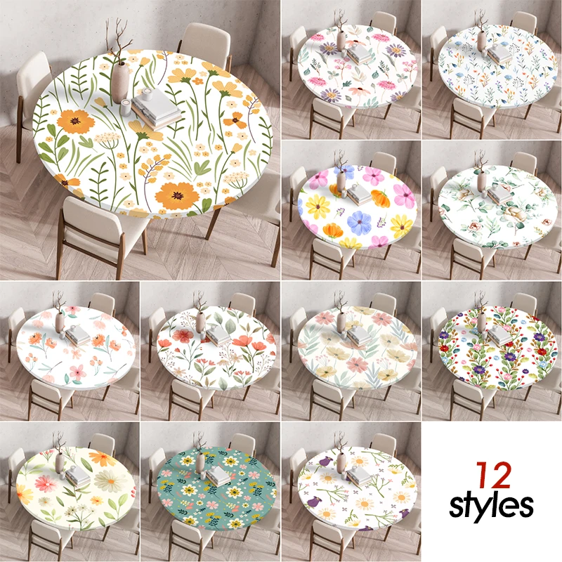 

1PC Elastic Retro Floral Round Tablecloth Waterproof Reusable For Kitchen Dining Table Decoration Indoor And Outdoor Use