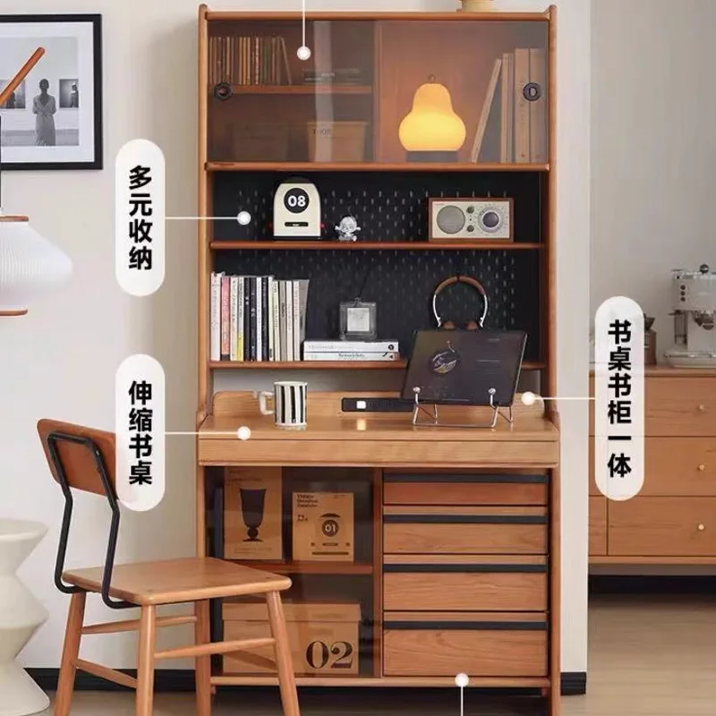 Nordic cherry wood folding desk bookcase integrated solid wood telescopic pull computer desk bookshelf