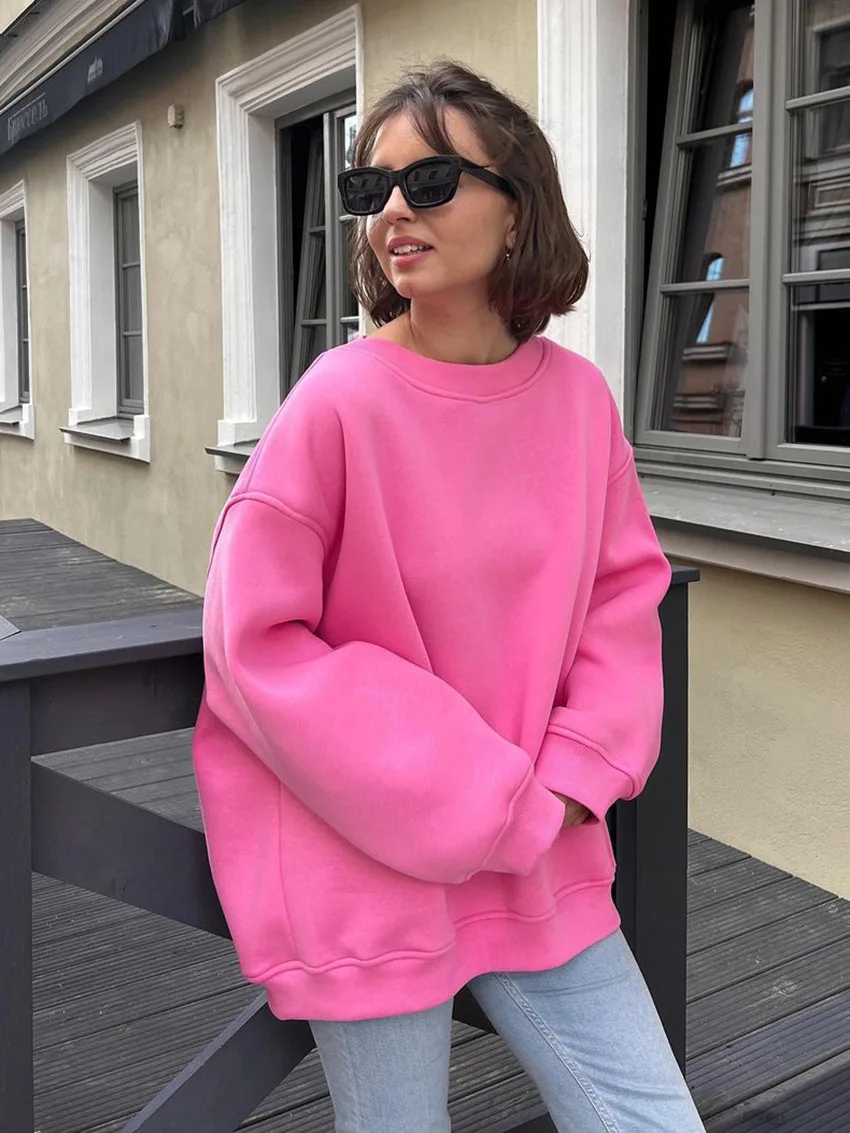 

Women Oversized Casual Hoodies Autumn Winter O-Neck Capless Sweatshirts Loose Warm Fleece Pullovers Girls Streetwear Top