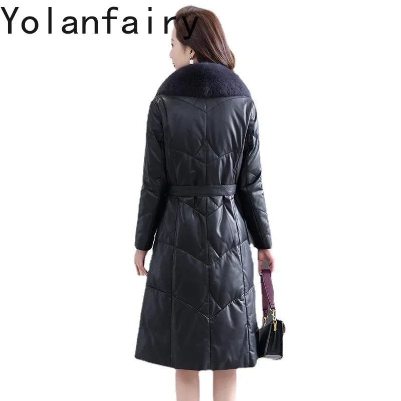 YOLANFAIRY Sheepskin Genuine Leather Jacket Female Winter Long Down Coats Fox Fur Collar Outwears Slim Fit Clothes New Chaquetas