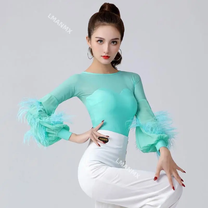 

New latin dance top elegant feather jumpsuit national standard dance shirt blue long-sleeved modern dance practice clothes