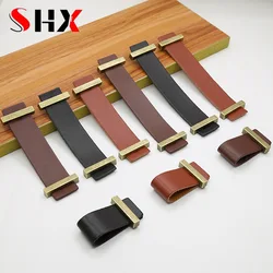 96/128mm Cabinet Door Leather Handle Wardrobe Pulls Retro Classical Drawer Dresser Brown Kitchen Furniture Handles Leather Knobs