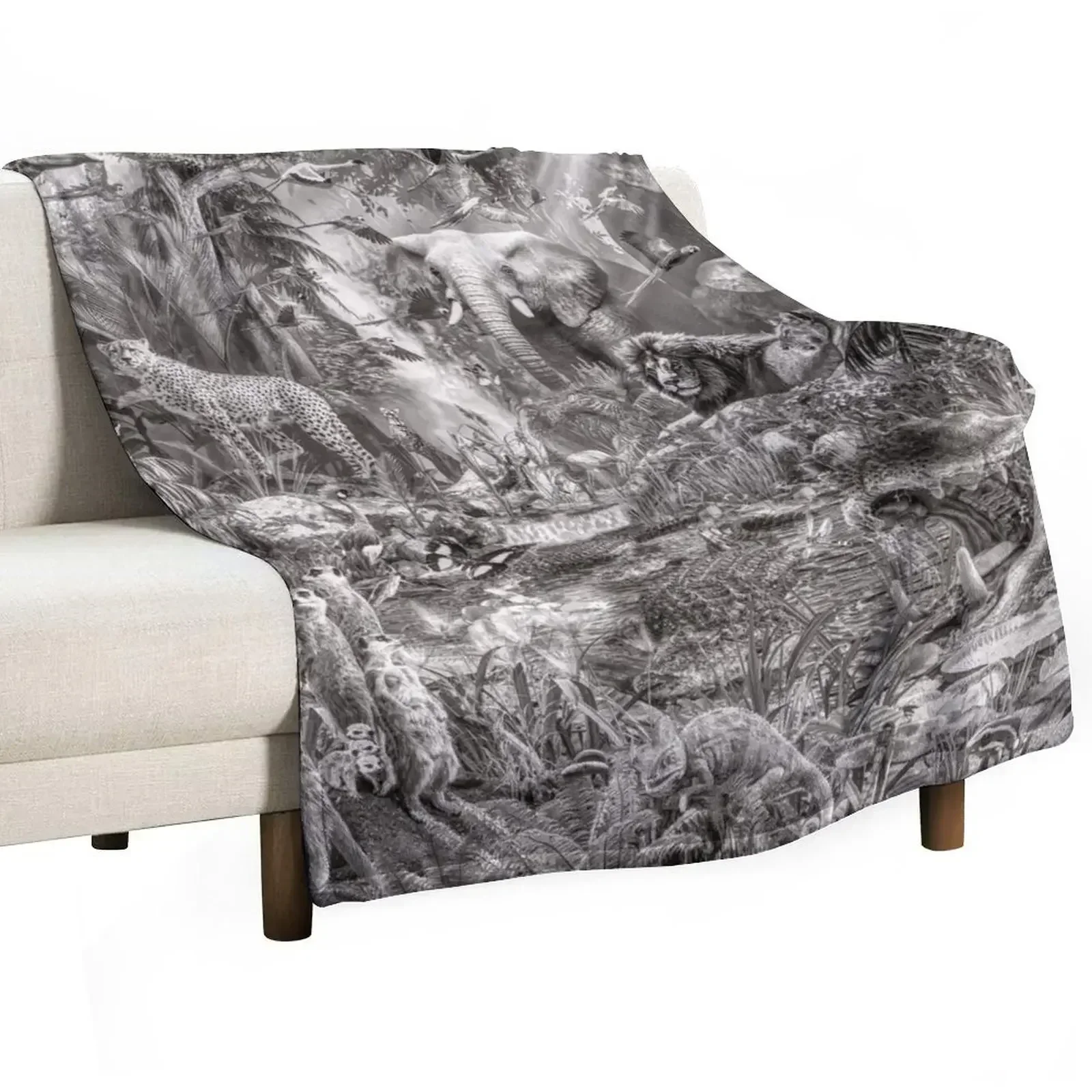 

Into the Jungle Monochrome, Throw Blanket Stain Resistant Cozy Warm Blanket