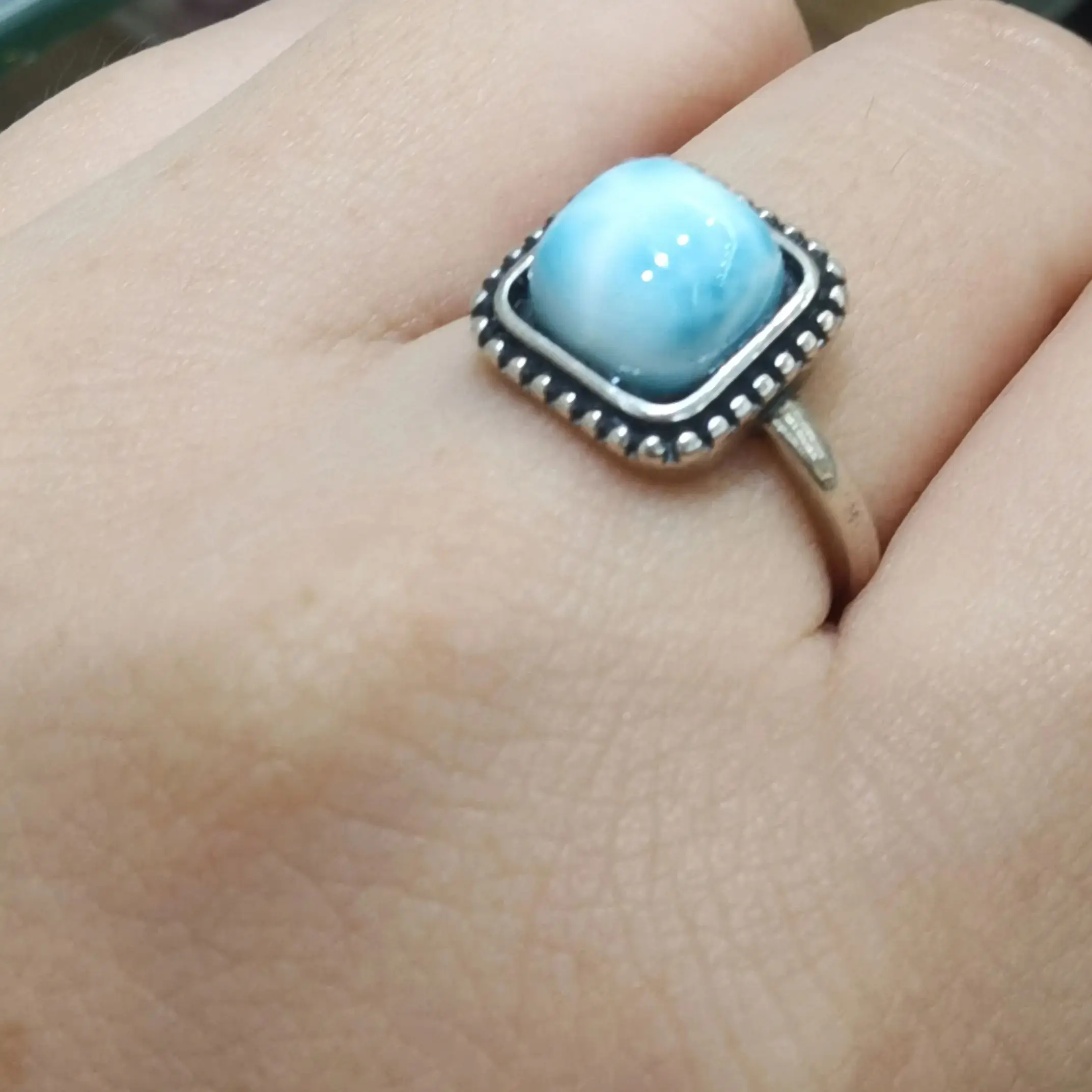 Solid 925 Sterling Silver Rings With Natural Larimar Gemstone Ring For Women Men Adjustable Size