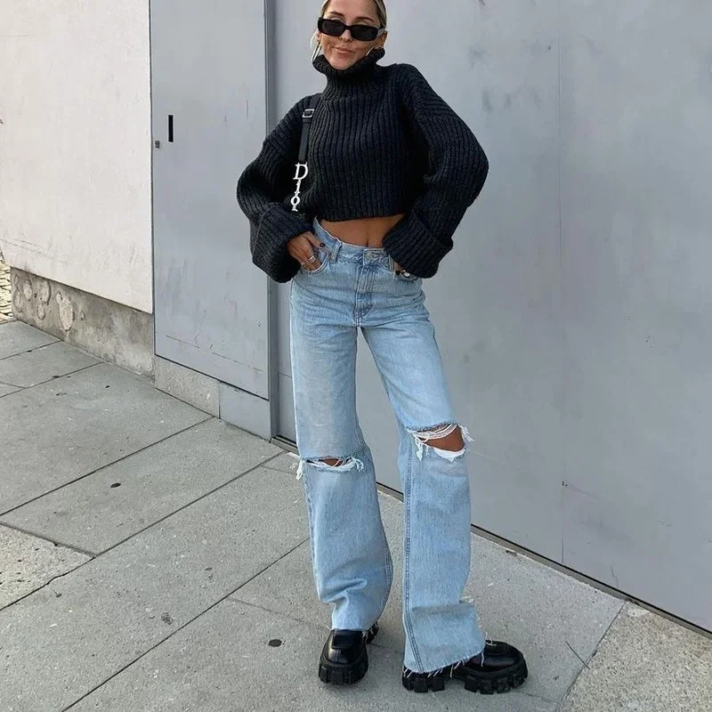 Woman High Waist Knee Rippped Jeans All-Match Lady Long Baggy Tassel Floor Pants 2023 Street Straight Washed Denim Trousers New