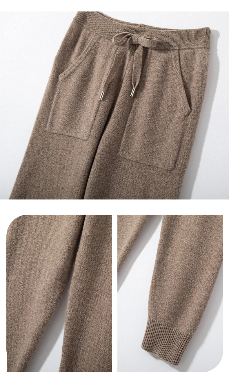 Women's Knitted 100% Wool Pants with Double Pockets and Elastic Waistband for Autumn and Winter, High Stretch Sports Style Pants