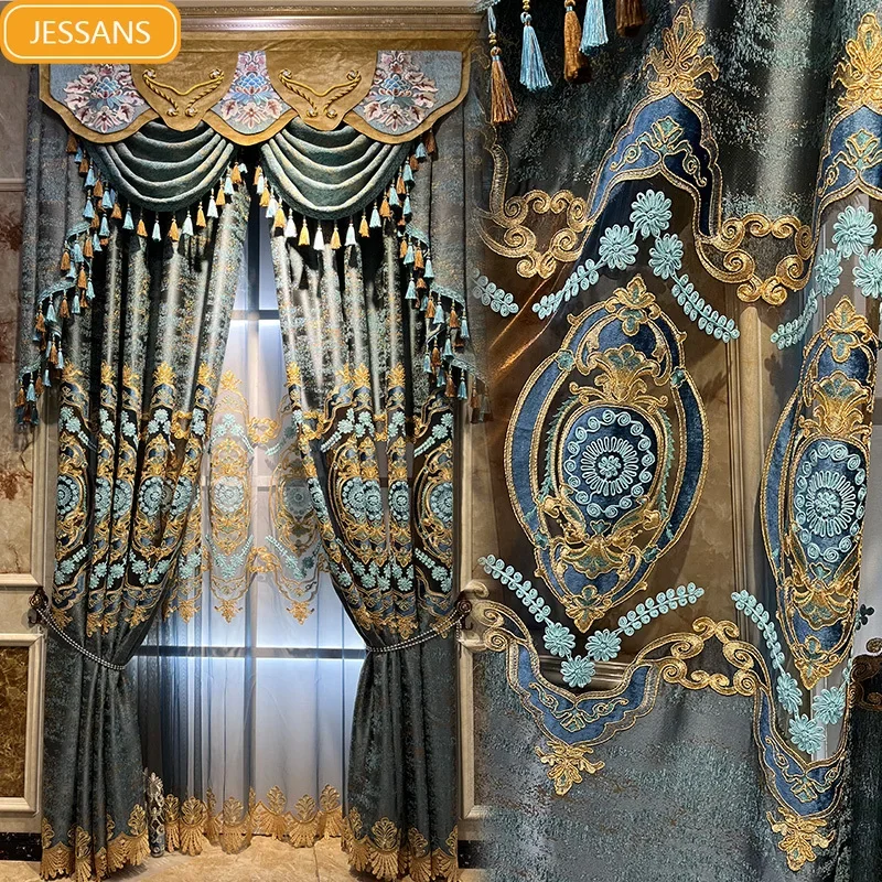 Blue Hollow Relief Chenille Embroidered Window Screen Curtains for Living Room Bedroom French Window Villa Customization