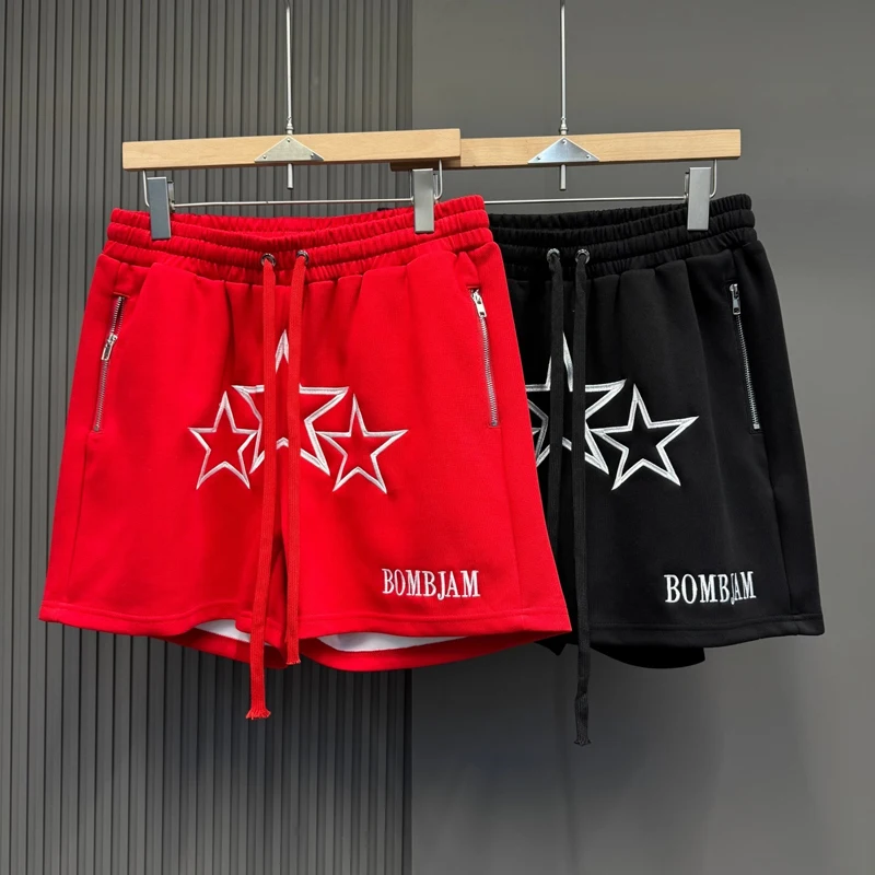 

Embroidery Stars Zipper Pockets Shorts Black Red Loose Basketball Short Pants Men Women Summer Beach Sports Baggy Shortpants