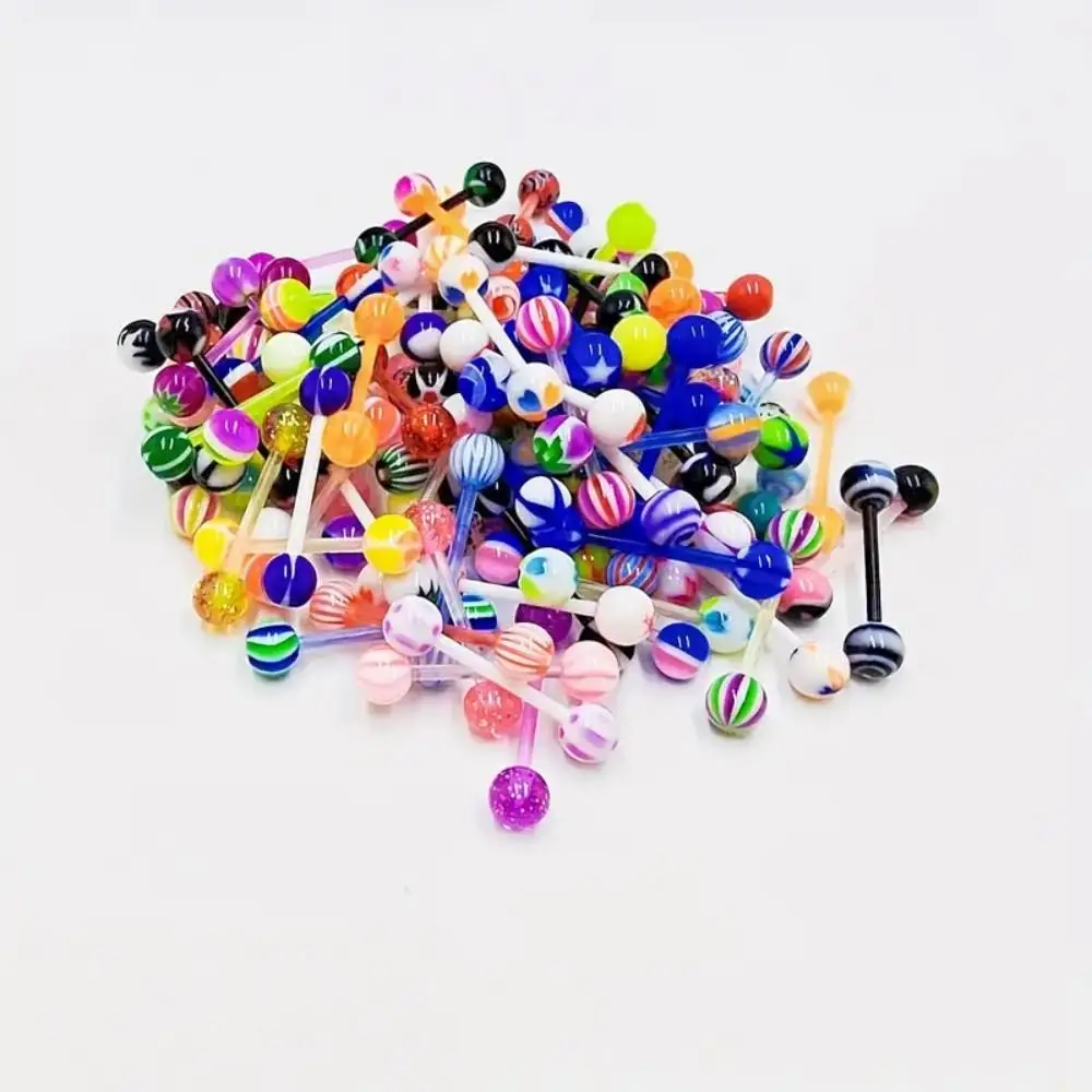 50pcs Mixed Color Soft Rod Acrylic Tongue Stud Ring Set