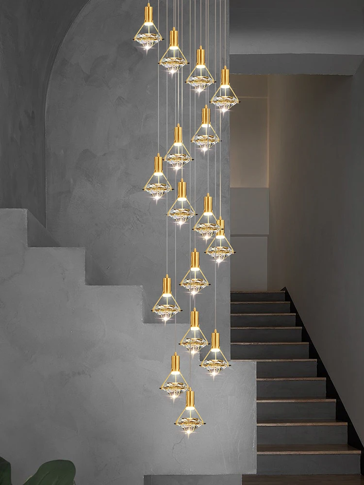 

Modern Diamond Crystal Chandelier Living Room Luxury Copper Staircase Hanging Lamp Chandelier Loft Suspend Ceiling Pendant Lamps