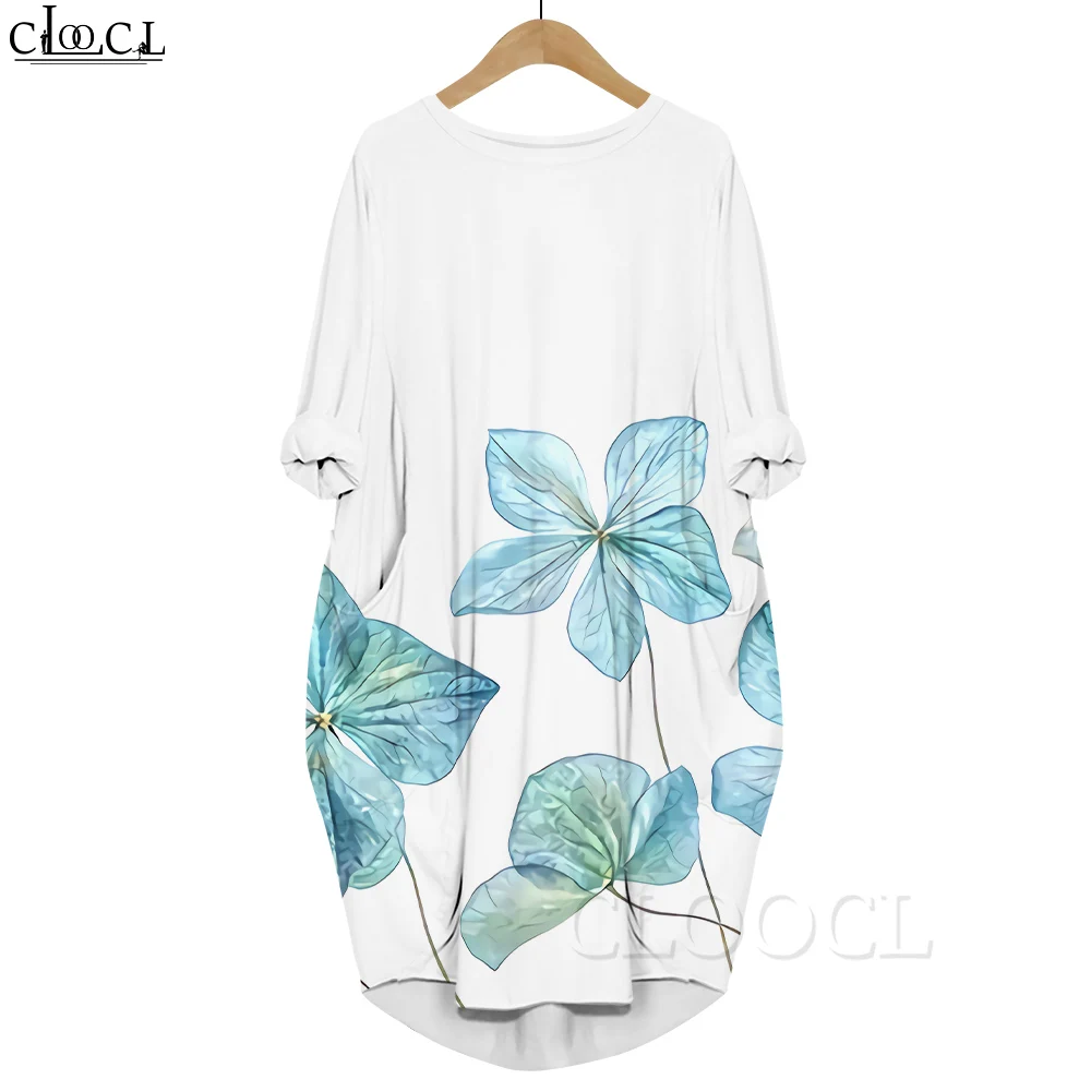 

CLOOCL Women Dress Simple Flower Pattern 3D Printed Long Sleeve Pocket Dress Summer Female Loose Dresses Fashion Style