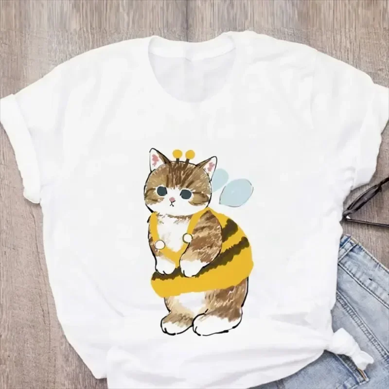 Gemusterte Modische Ästhetische Oberteile T-Shirt Lässig Niedliche Katze Lustiger Cartoon Damen Harajuku Kurzarm Lässige Ästhetische Kleidung – Detail 5