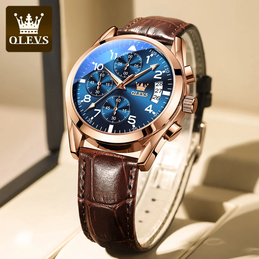 OLEVS 2878 Original Men's Watches Pilot Leather Strap Moon Phase Chronograph Auto Date Waterproof Luminous Quart Wristwatch Man
