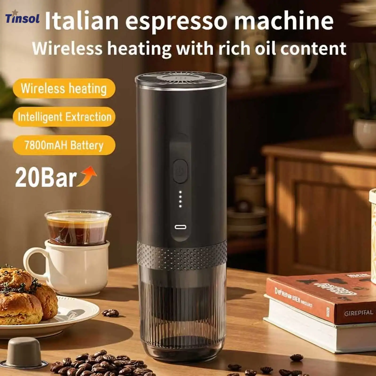 TINSOL Neue 3-in-1 kabellose tragbare Espressomaschine Kapsel Kaffeepulver Reisekaffeemaschine