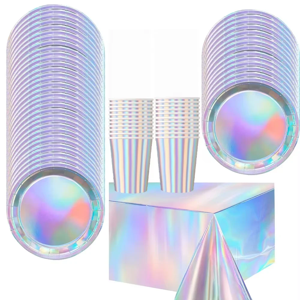 Holographic Iridescent Party Tableware Kit, Plates Cups Napkins Tablecloth Happy Birthday Banner for Birthday Celebration