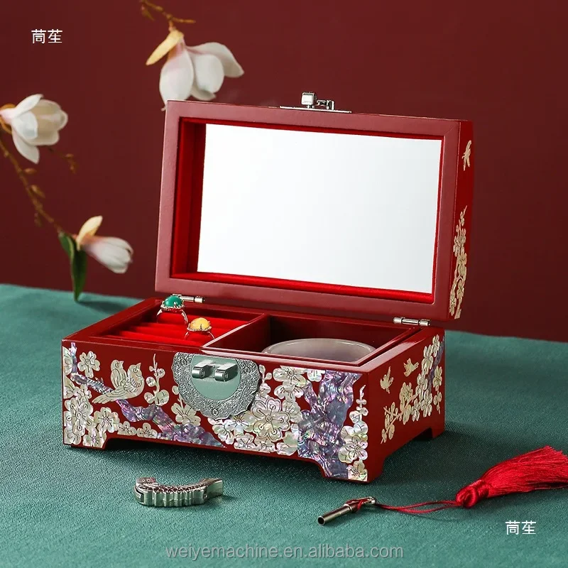 Mother of Pearl Jewelry Box Vintage Lacquer Wood Chinese Dowry Box for Three Gold Jewels Handmade Shell Inlay Gift