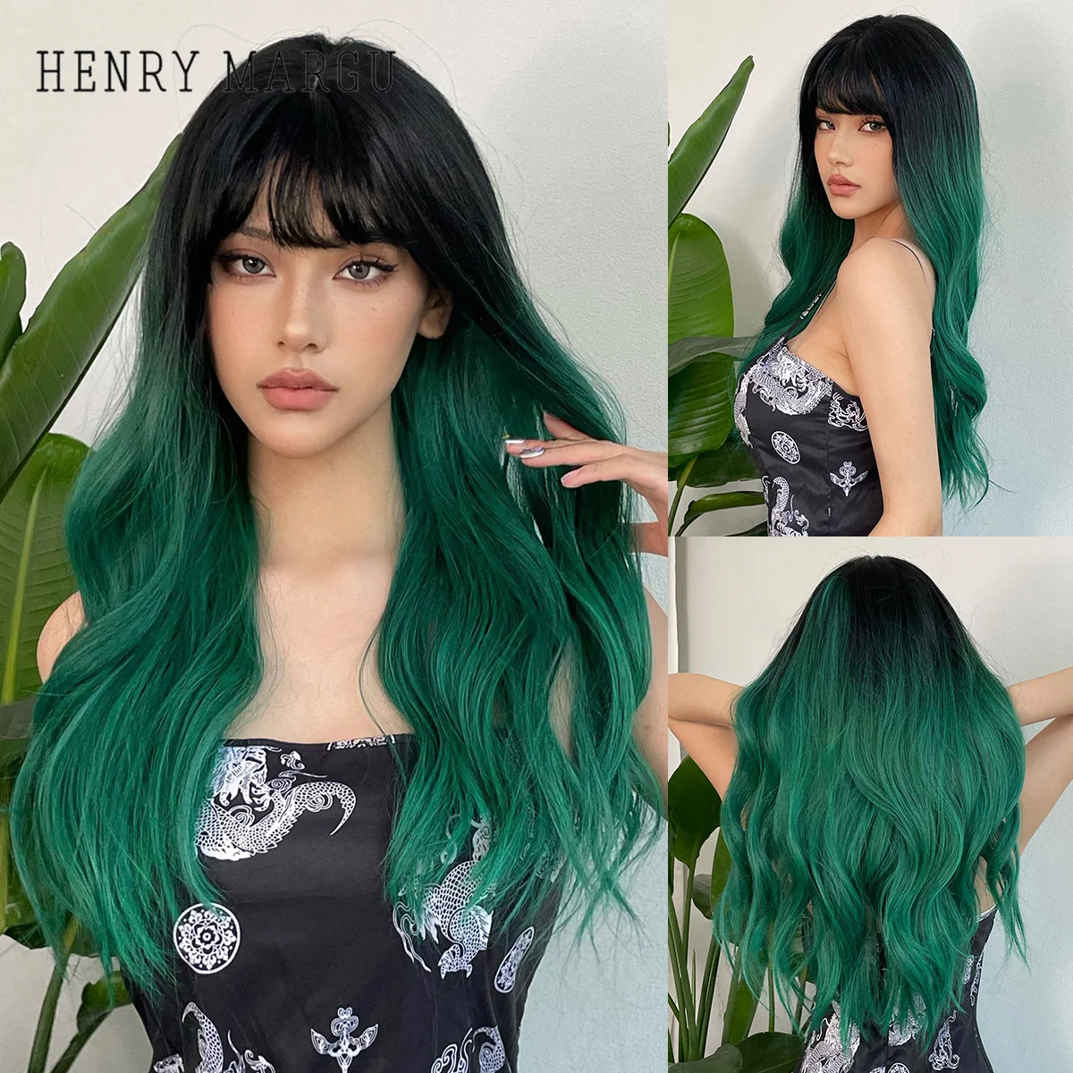 

HENRY MARGU Synthetic Natural Long Green Ombre Wavy Wigs for Women with Bangs Natural Wave Cosplay Party Heat Resistant Fiber