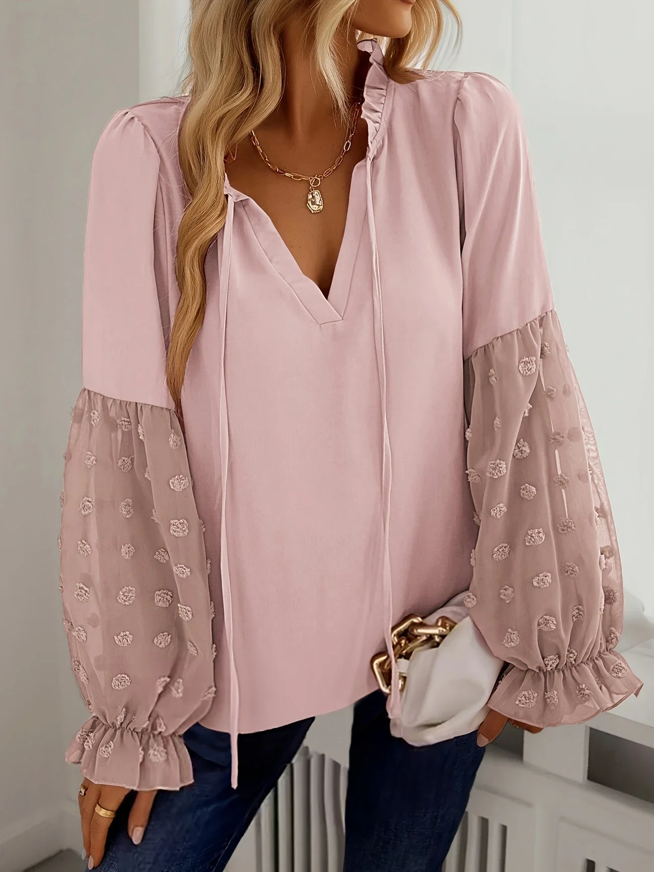Plus Größe Neue Damenmode Langarm Elegante Schweizer Polka Dot V-ausschnitt Hemd Damen Casual Patchwork Laterne Hülse Hemd