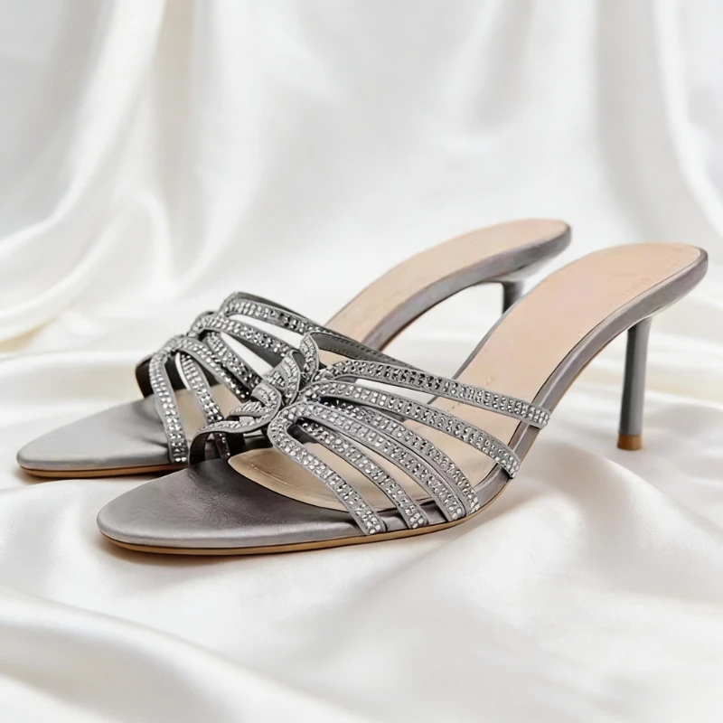 

Rhinestone Designer Women Sandals Summer 2026 Open-toe Narrow Band Satin Party Dress Shoes Slides Luxury Women's Slippers Heels