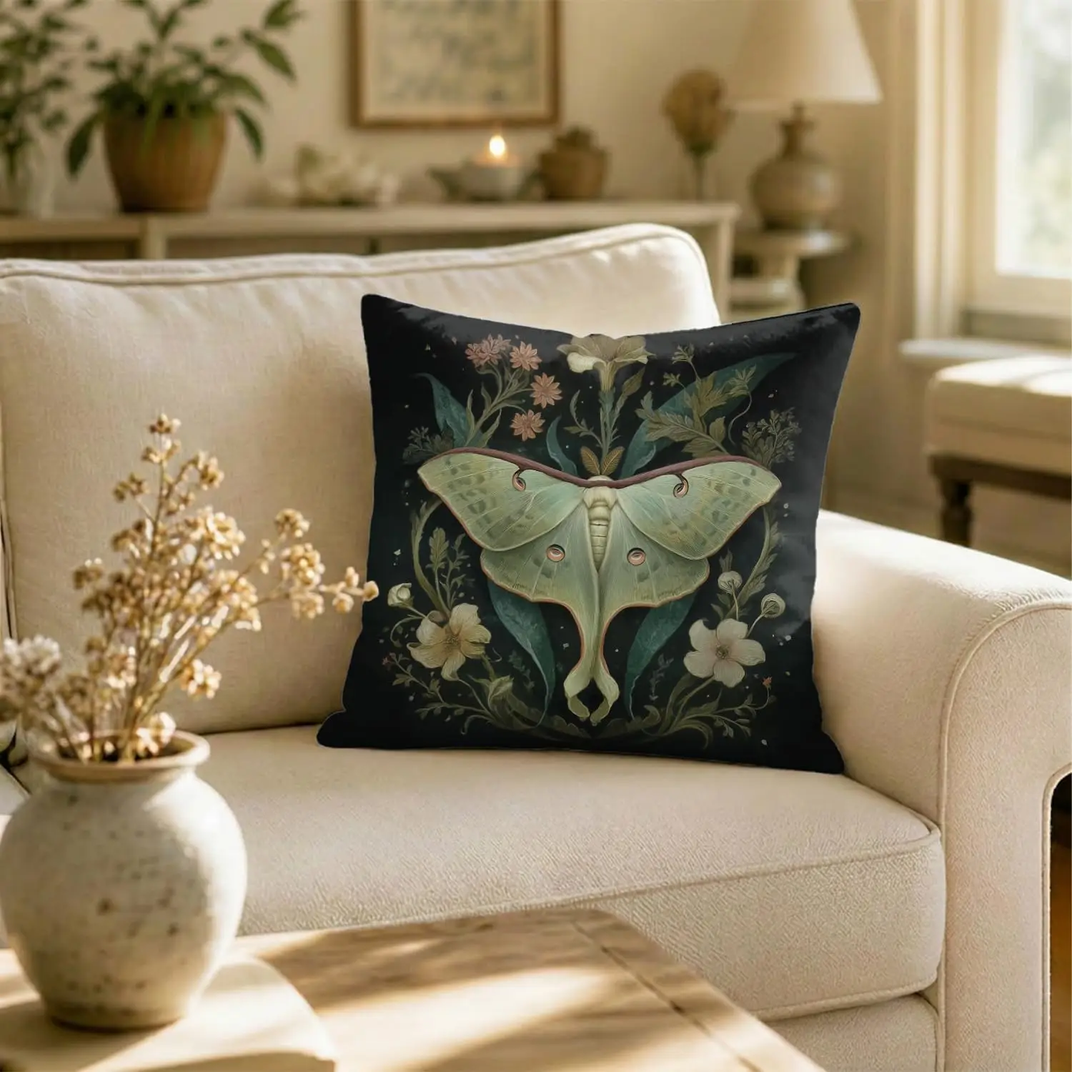 Gothic Moth and Floral Art Pillow Cover Cushion for Living Room Botanical Nature Illustration Throw 40x40cm Decorative Accent
