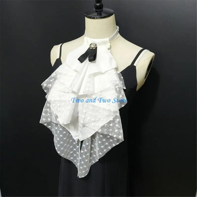 HX6F Victorian Layered Ruffle Lace Detachable Jabot Faux Collar Necktie for Renaissances Costumes Party Outfit Accessories