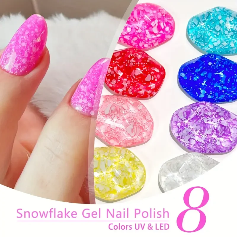 زجاجة Faandin 7 مل 1، طلاء أظافر جل لامع ندفة الثلج، نمط لامع خاص على ندفة الثلج، جل طلاء أظافر عالي الجودة، يدوم طويلاً، قوي، ليس من السهل أن يلمعها، جل طلاء الأظافر، طلاء أظافر عصري للسيدات في الصالونات بالجملة